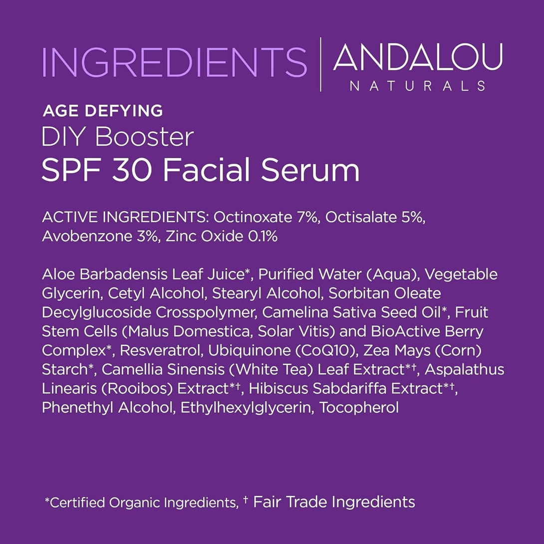 Andalou Naturals DIY Booster SPF 30 Facial Serum Unscented, anti Aging Face Sunscreen with Broad Spectrum Protection, Moisturizing for Dry to Very Dry Skin, 2 Fl Oz