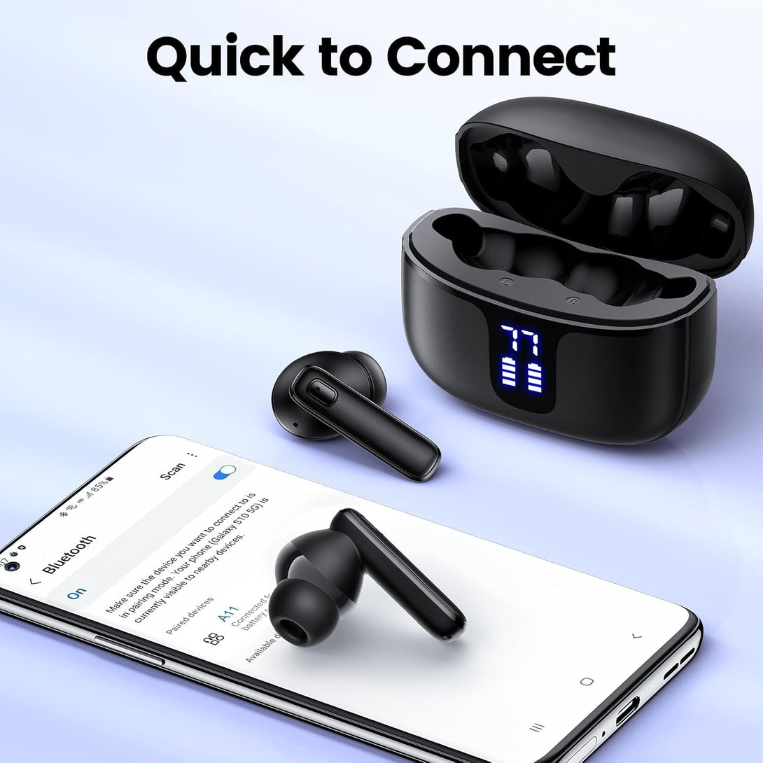 Wireless Earbuds Bluetooth 5.3 Headphones Hifi Stereo Deep Bass Ear Buds 68H Long Playtime Earphones with LED Display Charging Case IPX7 Waterproof for Phones Tablets Laptops Sports Black