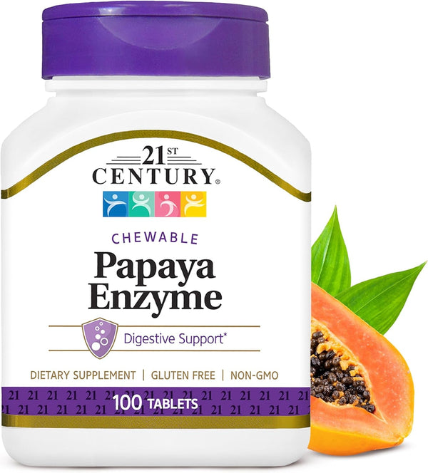 21St Century Papaya Enzyme Chewable (100 Count), Papaya & Pineapple Digestive Enzymes for Gut Health, Tropical Flavor, Non-Gmo, Gluten-Free, No Added Salt, Yeast, Artificial Flavors