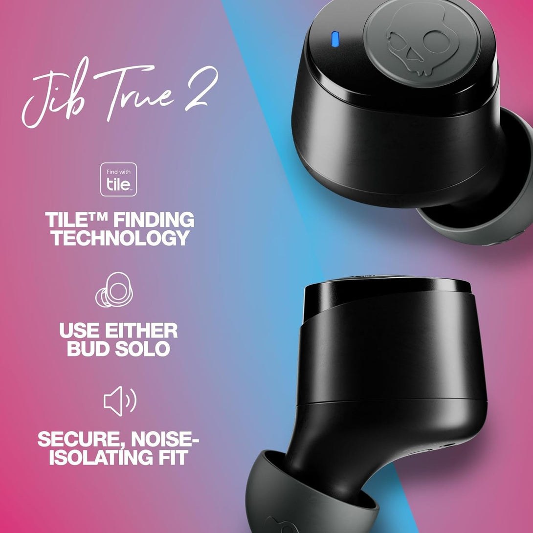 Skullcandy Jib True 2 Wireless Earbuds, Bluetooth Headphones, up to 33 Hours Battery with Charging Case, Noise Isolating Fit, Sweat and Water Resistant, Microphone for Iphone Android - True Black