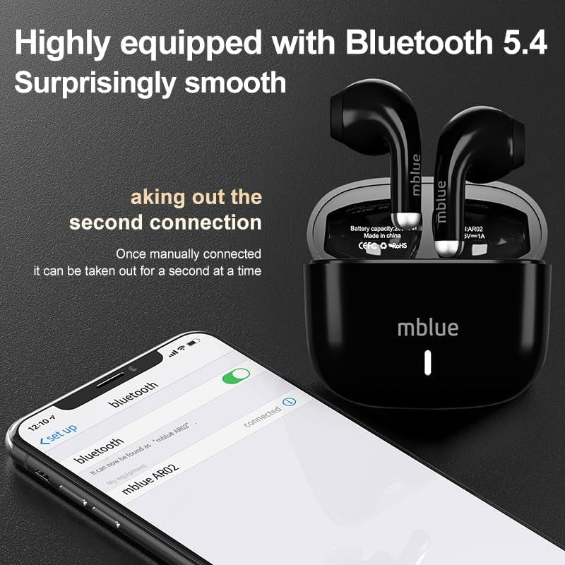 MBLUE AR02 Bluetooth Earbuds, 50H Playtime, ENC Noise Cancelling, 13Mm Bass Driver, Touch Control, Wireless Earphones for Sports, Workouts, Calls, Gaming (White)