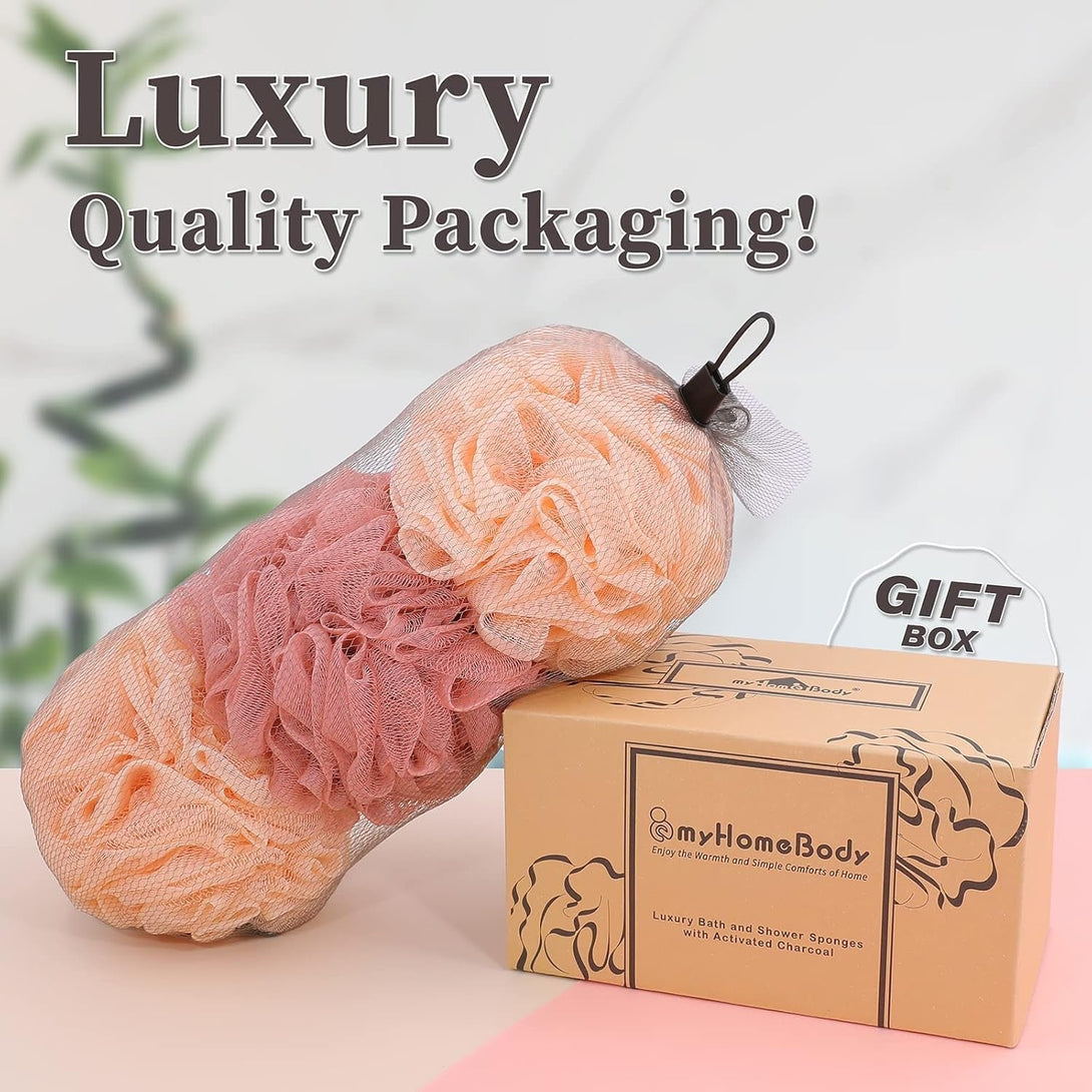 Myhomebody 60G Loofah Sponge, Body Scrubber, Bath Sponge, Loofah for Women, Men, Exfoliating Sponge Shower Pouf with Activated Charcoal - 2 Peach + 1 Coral Red, 3 Pack