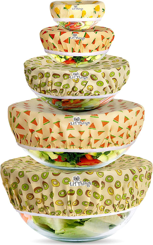 Li'L Things Beeswax Bowl Covers – Reusable Food Wrap Set of 5 | Eco-Friendly, Sustainable, Washable & Breathable Covers for Bowls, Jars & Containers (XS/S/M/L/XL) | Fruity Fruit