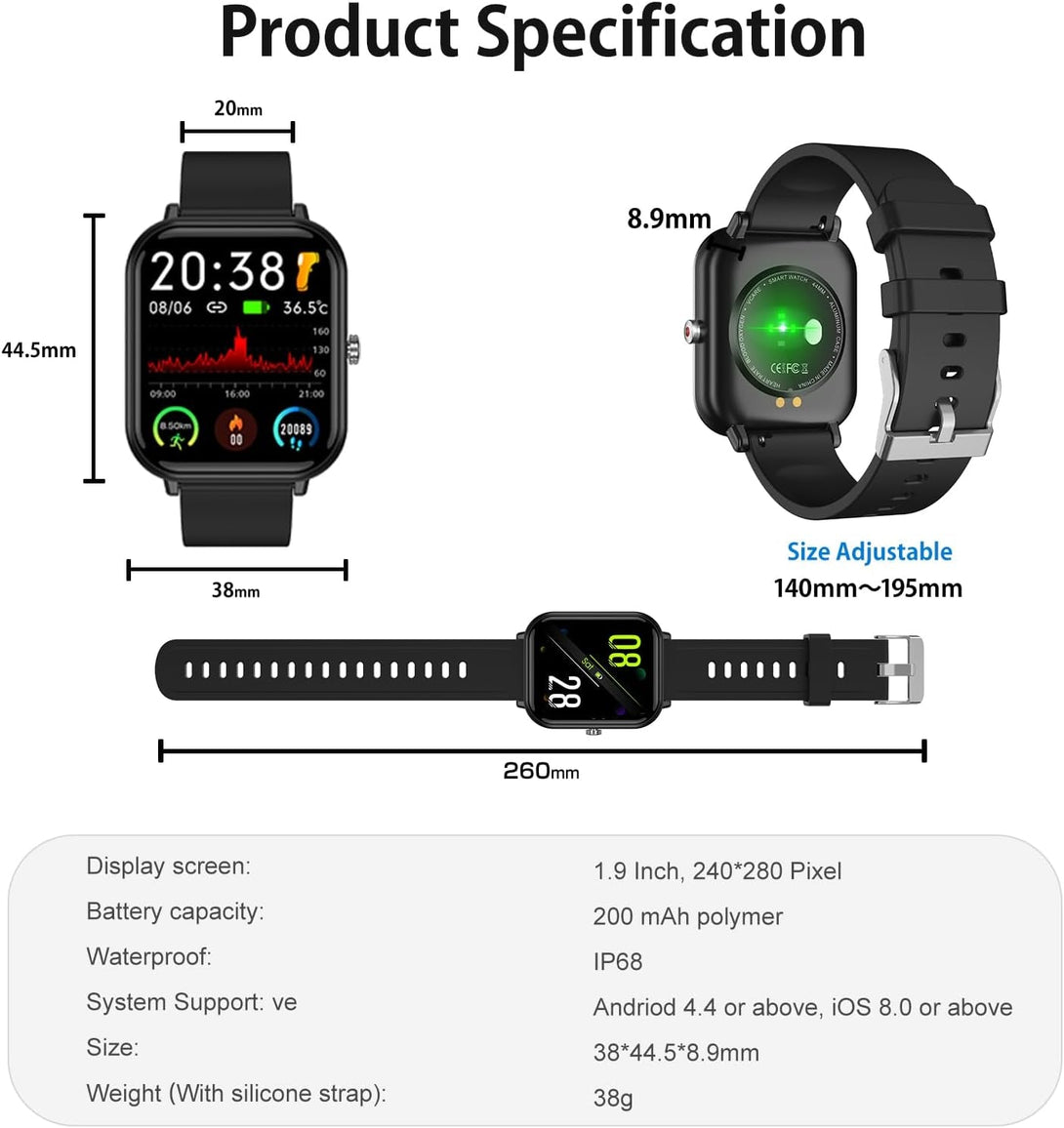 Smart Watch for Men Women, Fitness Tracker, 1.9" Smartwatches, 24 Sports Modes, Heart Rate/Sleep Monitor/Pedometer/Spo2/Step Counter, IP68 Waterproof, Ultra Thin, Long-Lasting Battery for Android Ios