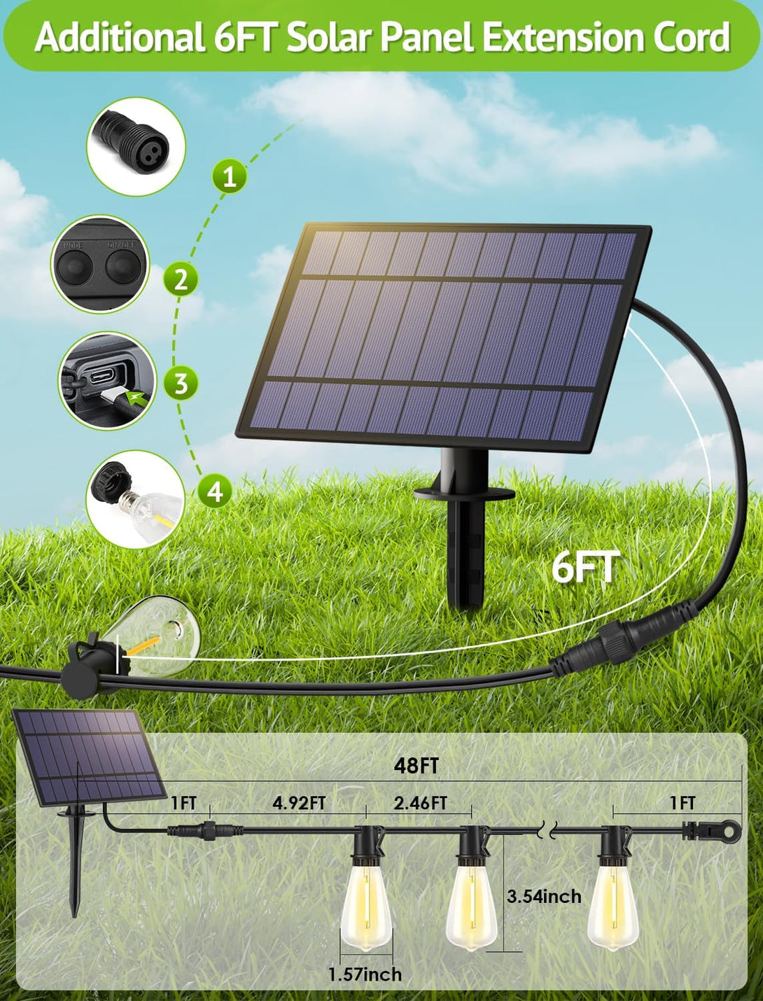 48FT Solar String Lights Outdoor with Remote, Waterproof Dimmable Patio Lights with 18+1 LED ST38 Bulbs 3 Modes Hanging Lighting for Backyard