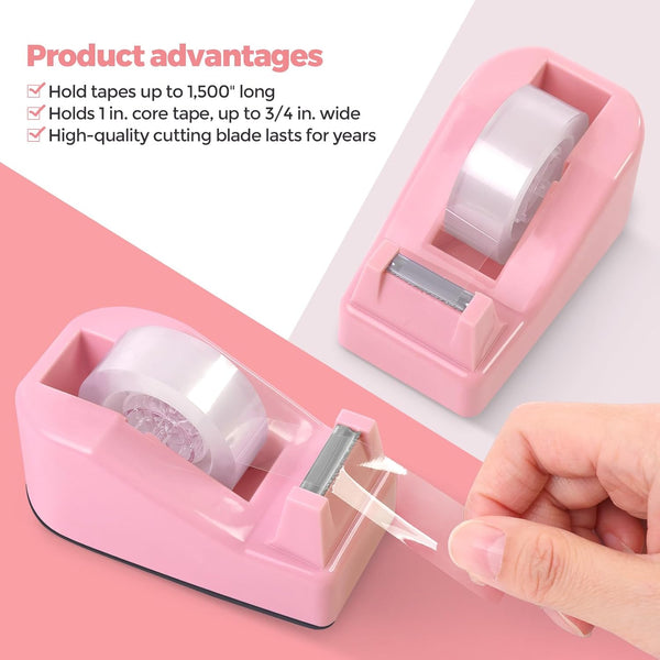 SKYDUE Pink Desk Accessories 10Pcs, 360-Degree Rotating Pen Holder, Stapler, Staple Remover, Tape Dispenser,2Pcs Tape Refills, Binder Paper Clips
