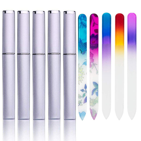 5 Pack Glass Nail Files with Case Crystal Glass Fingernail Files Double Sided Glass Nail File Mixed Color Manicure Set for Gentle Nail Care