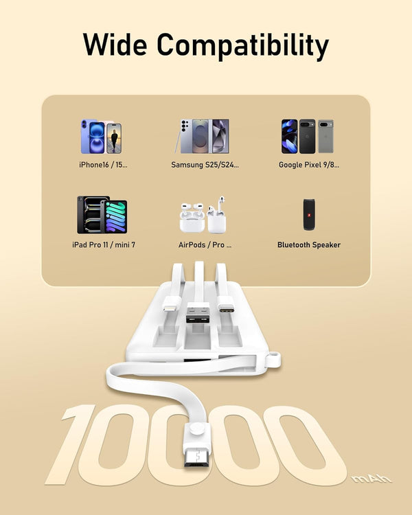 VEEKTOMX Portable Charger with Built in Cables 10000Mah, USB C Power Bank with 5 Outputs and LED Display, Small & Slim Battery Pack Compatible
