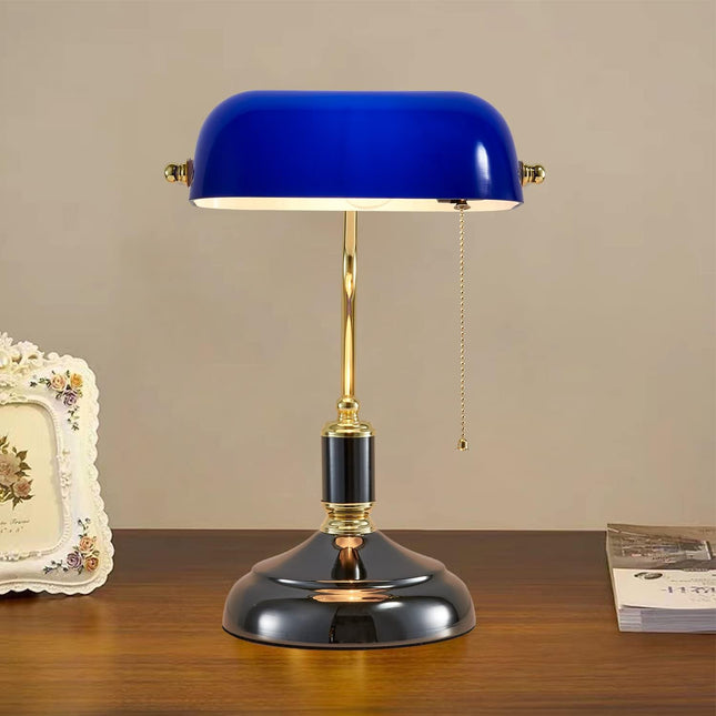 Traditional Bankers Lamp, Black Lamp Shade,With Pull Chain Switch Plug in Fixture,Vintage Office Table Light, Antique St