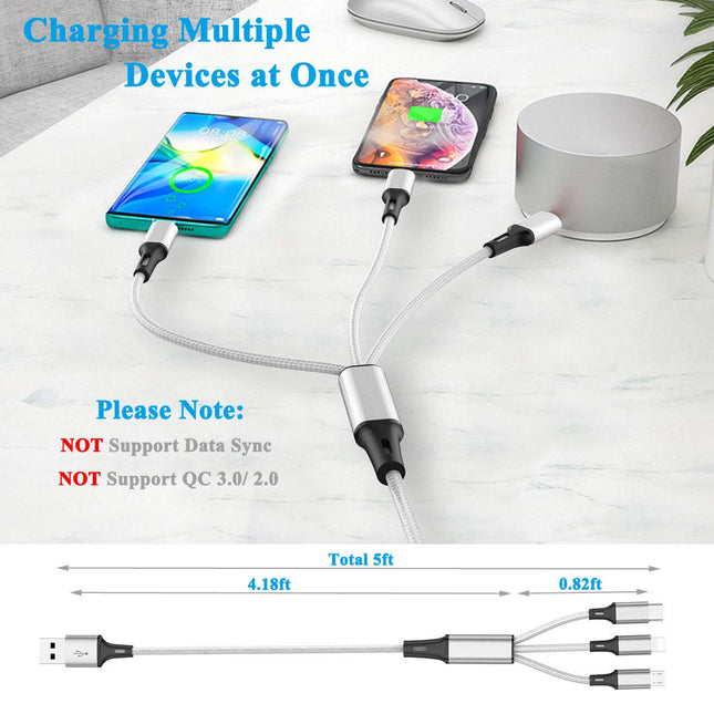 Multi Charging Cable, (2Pack 5FT) Multi USB Charger Cable Aluminum Nylon 3 in 1 Universal Multiple Charging Cord with Ty