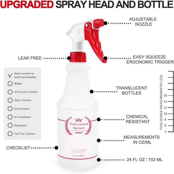 Plastic Spray Bottle (4 Pack, 24 Oz, All-Purpose) Heavy Duty Spraying Bottles Leak Proof Mist Empty Water Bottle for Cleaning Solution Planting