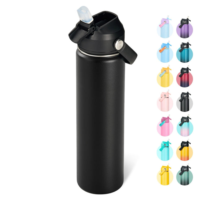 24Oz Insulated Stainless Steel Water Bottle, Wide Mouth Double Wall Vacuum, Silicone Straw, Sweat & Leak Proof, BPA Free