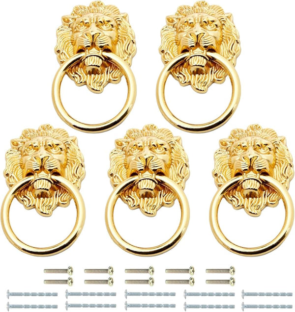 Mgoodoo 5Pcs Drawer Lion Head Pull Handle Knob Dresser Cabinet Pull Ring 1.97X3.54Inch Classical Antique Style Zinc Alloy Handle (Large|Gold)
