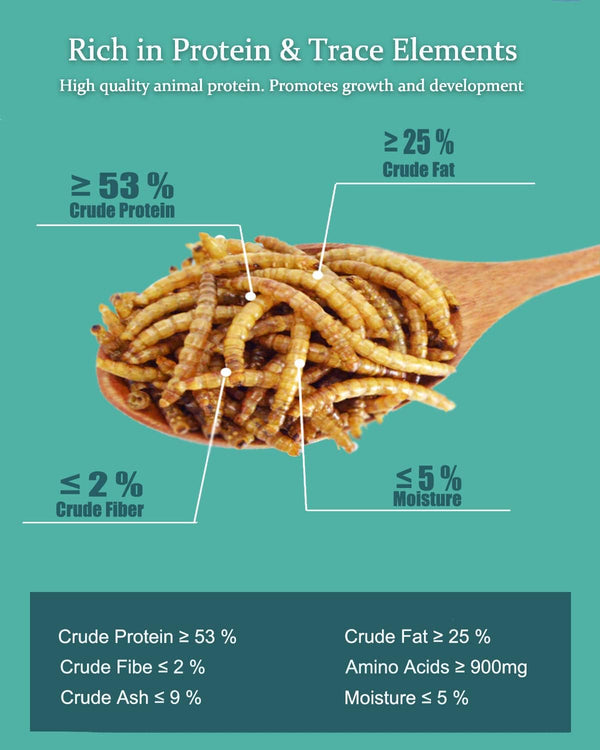 Reptile Food Dried Mealworms Pet Worms Food for Bearded Dragon, Lizard, Turtles, Chameleon, Monitor, Frog, Sugar Glider, Chickens, Birds, Hamsters