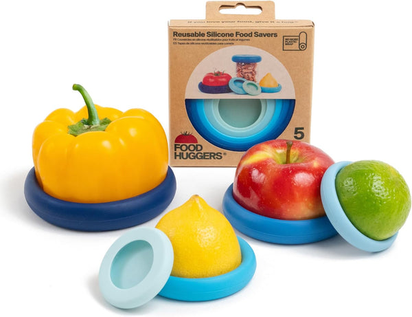 Food Huggers 5Pc Reusable Silicone Food Savers | BPA Free & Dishwasher Safe | Fruit & Vegetable Produce Storage for Onion, Tomato, Lemon, Banana,