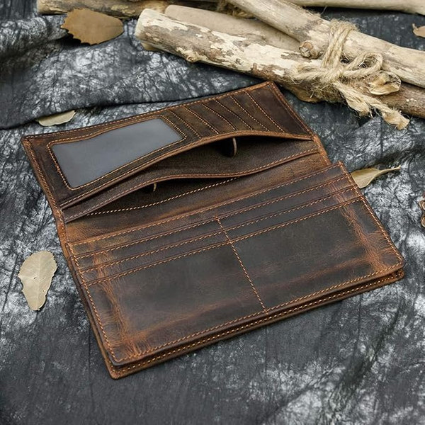 Genuine Leather Long Wallet for Men, Large Capacity Purse Clutch Bag Handbag Checkbook Cash Credit Cards Phone Holder