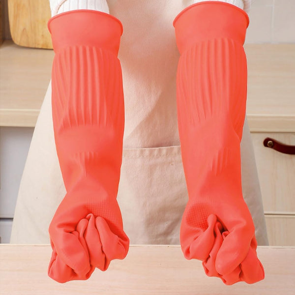 Household Dishwashing Cleaning Rubber Gloves 2 Pairs, Reusable Waterproof Kitchen Gloves Non-Slip Cleaning Gloves