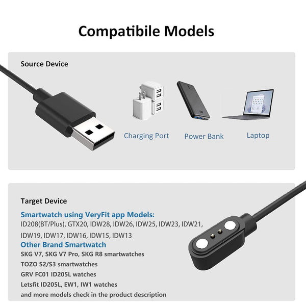 Veryfit Smartwatch Charging Cable, Fit for IDW19, IDW15, IDW13, ID208(BT), ID205L, ID206, and More, Replacement Magnetic USB Cable for Fast and