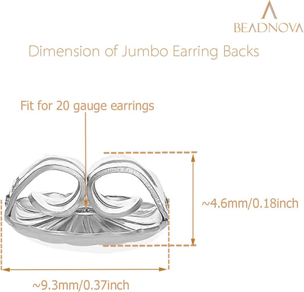 BEADNOVA Jumbo Earring Backs 925 Sterling Silver Large Earring Backs Butterfly Locking Ear Stud Stopper for Studs Replacement (20Gauge, 4Pcs)