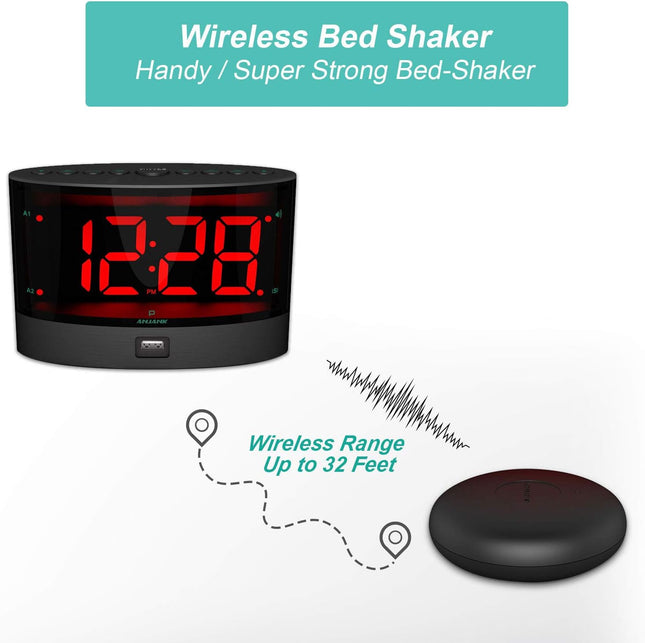 ANJANK Extra Loud Alarm Clock for Heavy Sleepers, Wireless Bed Shaker, Vibrating Dual Alarm, Deaf and Hearing-Impaired, 