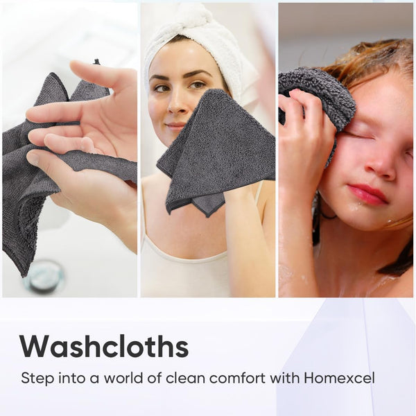 HOMEXCEL Microfiber Washcloths 12 Pack, Highly Absorbent and Soft Face Towel, Multi-Purpose Grey Wash Cloths for Bathroom, Hotel, Spa, Gym, and
