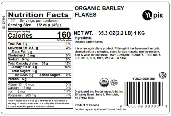 Yupik Organic Barley Flakes, 2.2 Lb (35.2 Oz), Non-Gmo, Vegan, Kosher, Steamed, Rolled & Lightly Roasted Whole Barley Grains, Source of Fiber &