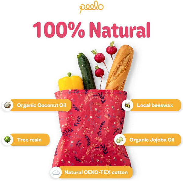 PEELO Beeswax Food Wrap Bag, Bee Wrap Sustainable Food Storage Wraps, Bees Bags Reusable, Beeswax Wraps for Food Reusable - Fruit Design, XXL