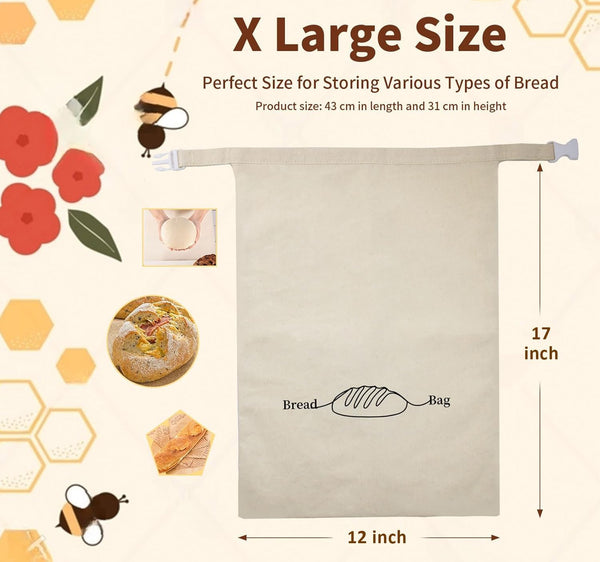Bread Bags for Homemade Bread 2 Pack, XL Reusable Linen Food Storage Bags with Beeswax Wraps, Freezer Safe, Baking Supplies for Sourdough with
