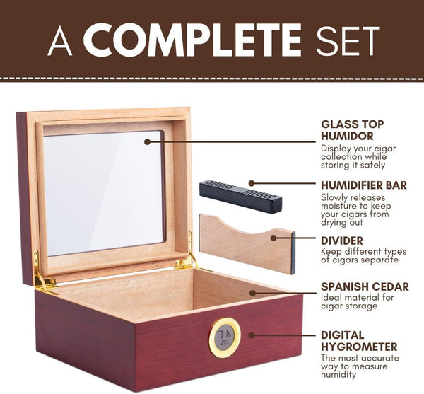 Premium Cigar Humidor for 25-50 Cigars - Elegant Humidor Humidor with Hygrometer and Humidifier - Cedar Lined Cigar Box for Optimal Humidity