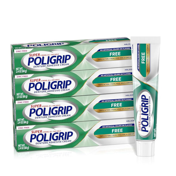 Super Poligrip Zinc Free Denture and Partials Adhesive Cream, 2.4 Ounce (Pack of 4)