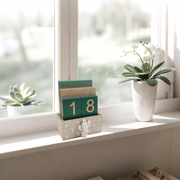 Notakia Perpetual Calendar, Wooden Calendar for Home Office Desk Accessories Vintage Wood Block Calendar(Green) Green cactus