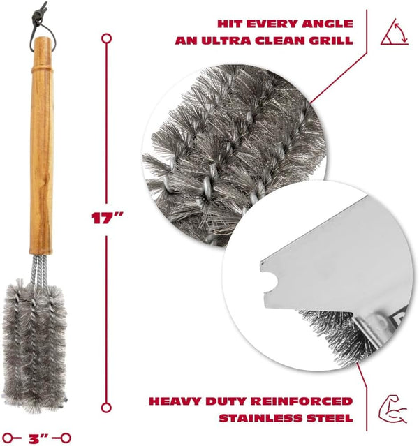 BBQ-AID All Angles BBQ Grill Brush for Outdoor Grill â Cleans All Angles, Large Wooden Handle, and Stainless Steel Bristles - BBQ Brush for Grill