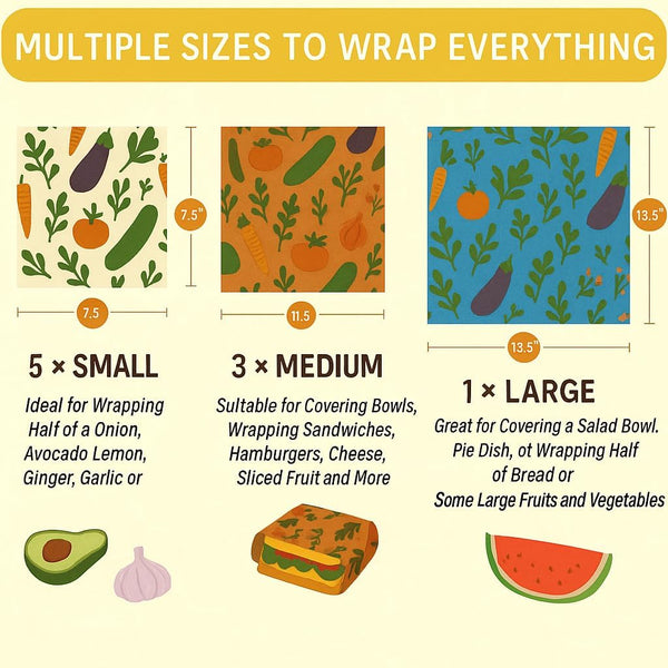 Reusable Beeswax Food Wraps 9 Pack â Organic Eco-Friendly Beeswax Wraps for Food Storage â Sustainable Plastic-Free Sandwich, Snack, Bread