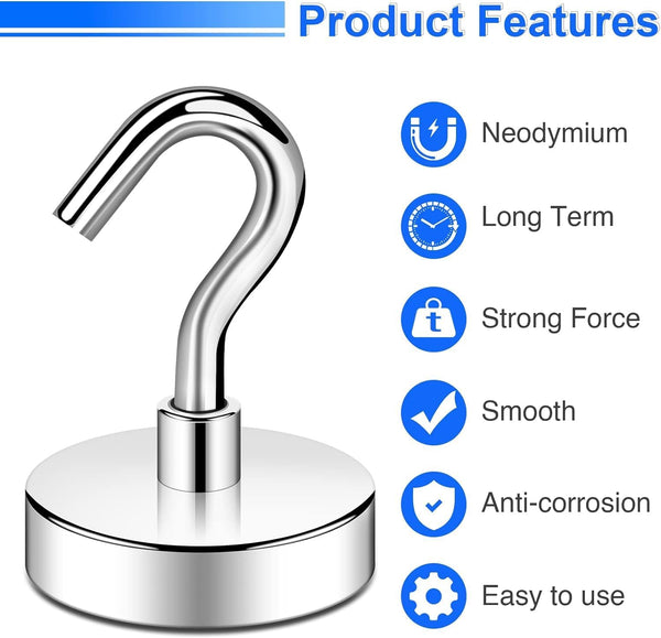 DIYMAG Magnetic Hooks Heavy Duty, 80 LBS Neodymium Magnet Hooks for Home, Kitchen, Workplace, Office, Garage and Indoor Hanging, Silver, Pack of 12