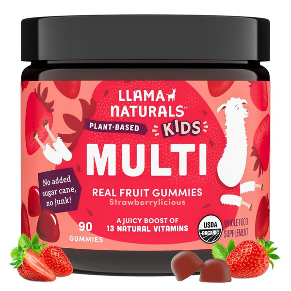 Llama Naturals Kids Multivitamin Gummies | Real Fruit, No Added Sugar Cane | Organic Vegan Toddler Whole Food Vitamins | Vitamin D, C & Beta