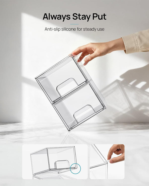 Vtopmart 4 Pack Clear Stackable Storage Drawers, 4.4'' Tall Acrylic Bathroom Makeup Organizer,Plastic Storage Bins for Vanity, Undersink, Kitchen