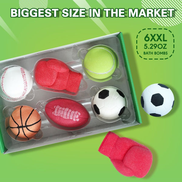 Bath Bombs for Kids, Extra Large Sports Bathbomb Set with 6 Sports Themes, All Natural Bath Bomb for Women and Men, Surpise inside Every Box of