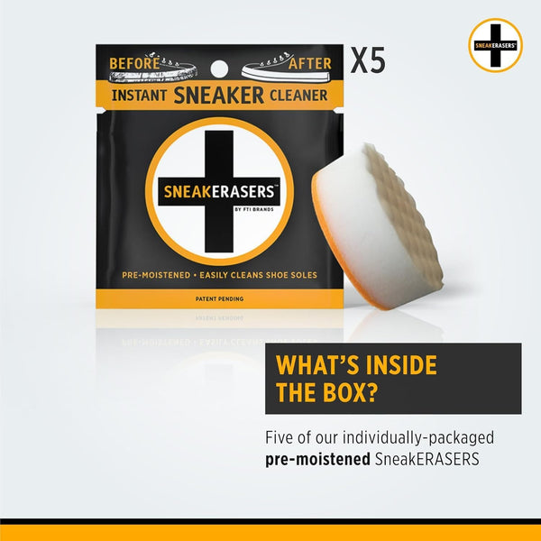 Sneakerasers Instant Sneaker Cleaner Sponge, Effective Shoe Cleaning for White Sneakers, Tennis Shoes - Pre-Moistened, Portable Shoe Cleaner,