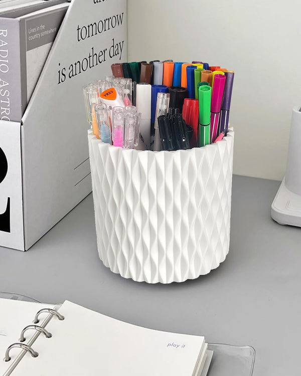 Rotating Pen Holder for Desk, 5 Slots Unique White Desk Organizer Easthetic Desktop Supplies and Accessories for Women Girls, Pencil Cup Caddy for