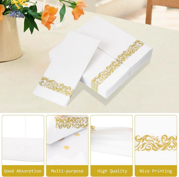 I00000 200 Pack Gold Napkins Disposable Hand Towels, Soft and Absorbent Christmas Bathroom Napkins Disposable, White and Gold for Christmas Party