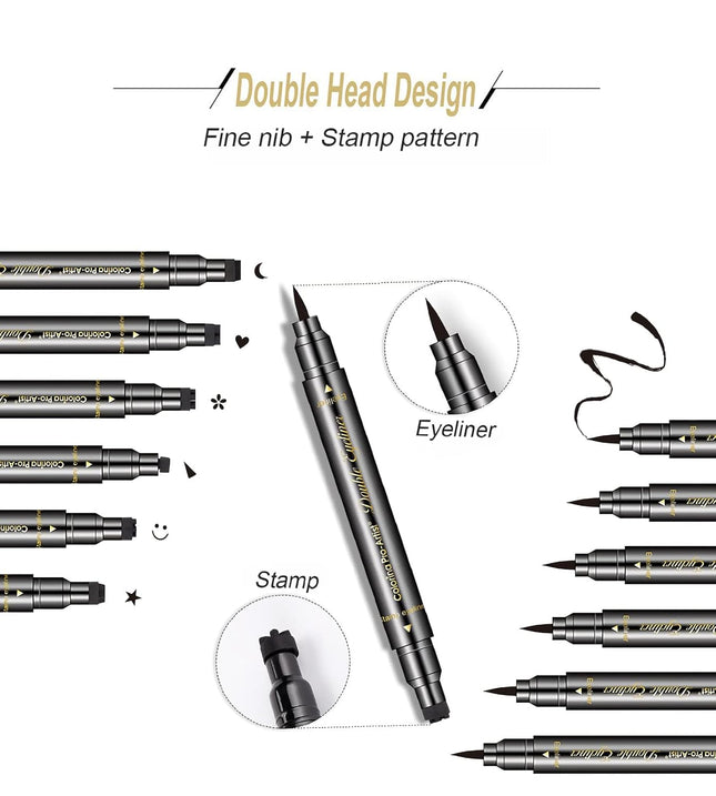 6 Pcs Double-Headed Eyeliner Stamps Set Black Liquid Eye Liner Pen with Star,Moon,Heart,Flower,Smiley,Triangle Stamp Ste