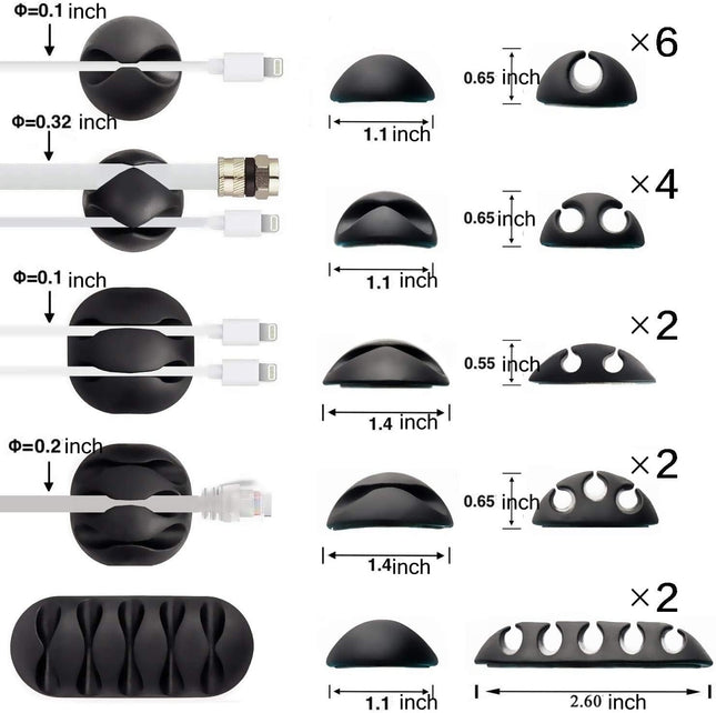 Ohill 16-Pack Black Cord Organizer - Adhesive Cable Clips Holder for Desk, Wall, Car - Wire Management Clips for Iphone 