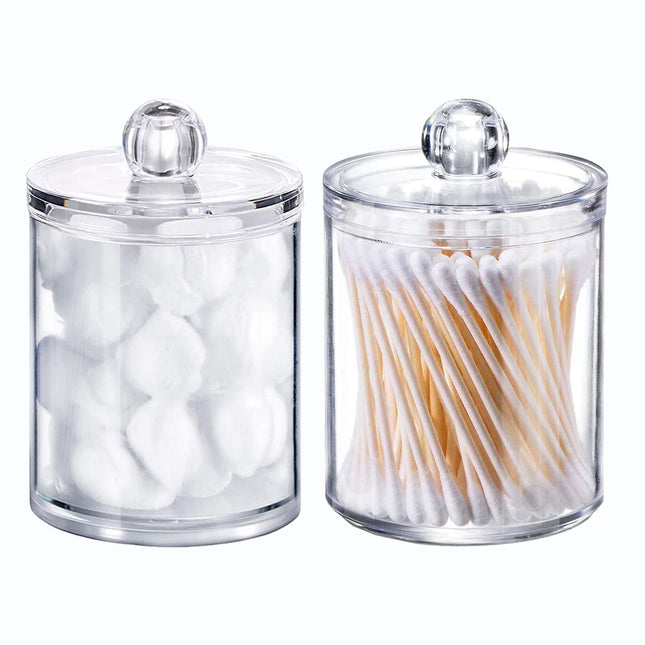Qtip Holder Dispenser for Cotton Ball, Swab, round Pads - 10 Oz Clear Plastic Apothecary Jar Set for Bathroom Storage, V