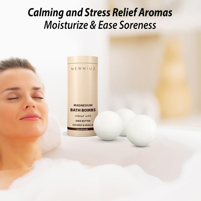 Magnesium Bath Bombs Post Workout Recovery Sore Muscles Tension Epsom Salt Bath Infused with Vanilla Sheabutter Coconut 