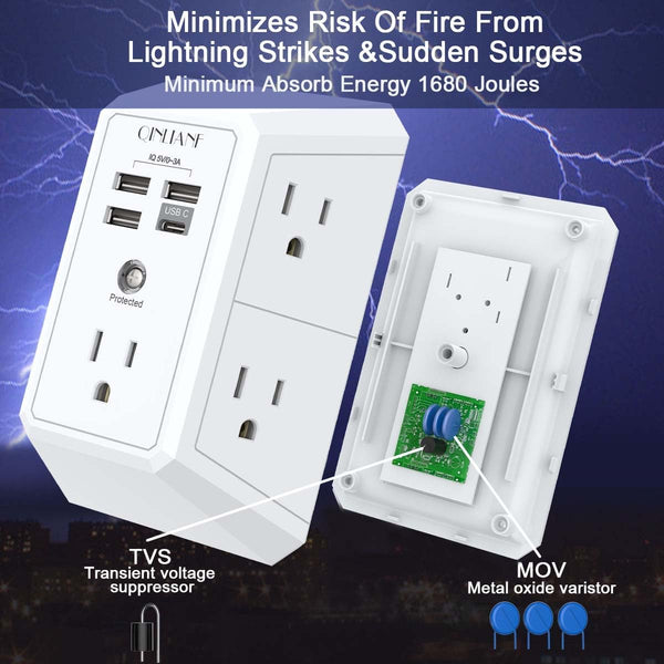 Wall Charger, Surge Protector, QINLIANF 5 Outlet Extender with 4 USB Charging Ports (4.8A Total) 3-Sided 1680J Power Strip Multi Plug Adapter