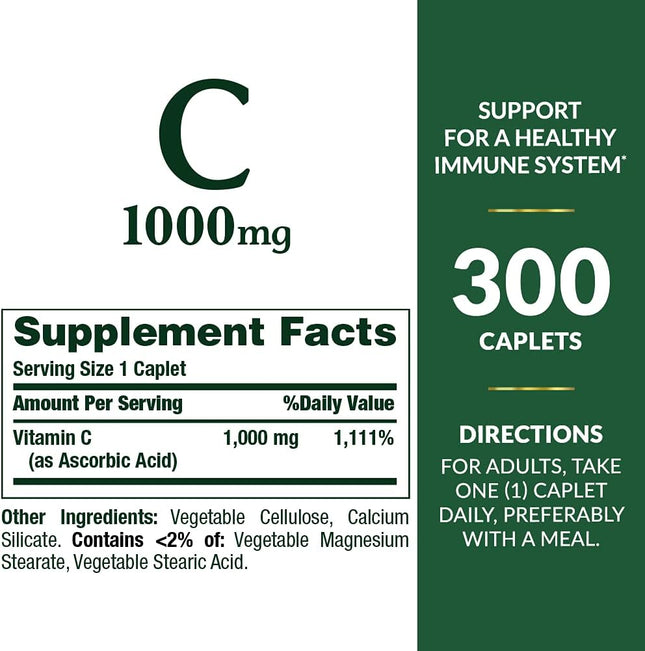 Nature's Bounty Vitamin C 1000mg, Supports Immune and Antioxidant Health, Vitamin C Supplement, 1 Per Day, 300 Vegetaria
