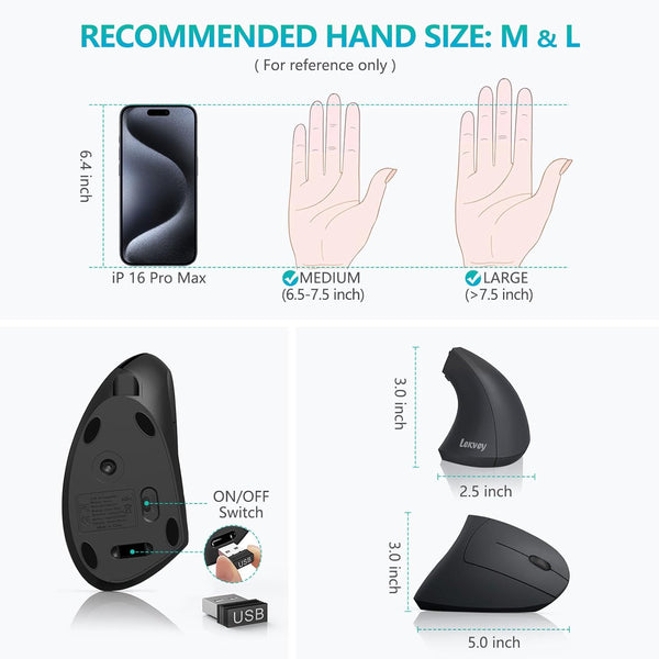 Lekvey Ergonomic Mouse, Vertical Wireless Mouse - Rechargeable 2.4Ghz Optical Vertical Mice : 3 Adjustable DPI 800/1200/1600 Levels 6 Buttons, for