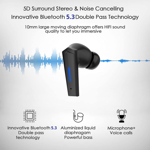Wireless Earbuds Bluetooth 5.2 Bass Sound Headphones Gaming Earphones with Touch Control, Noise Cancelling Waterproof Headset with Mic, 18H Play
