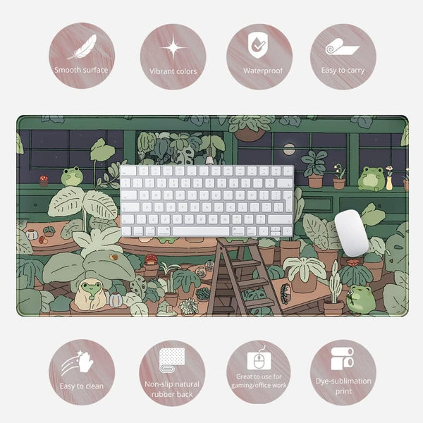Cute Frog Kawaii Green Desk Decor Mat, Large Gaming Mouse Pad for Computer Keyboard Laptop, Home Office Accessories for Girl (31.5X15.7 In)-With