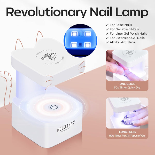 Modelones Gel Nail Kit Short Almond Gel Nail Tips, 9-In-One Nail Glue with Portable U V Nail Lamp, 216Pcs 12Sizes Press on Acrylic False Nails Tip